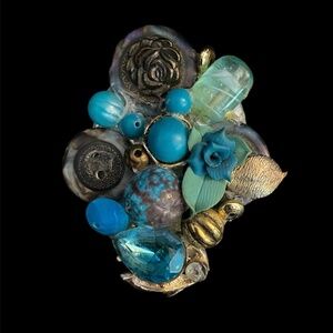 Handmade Upcycled Brooch Artisan Repurposed Vintage Jewelry Pin Blue (Broach)